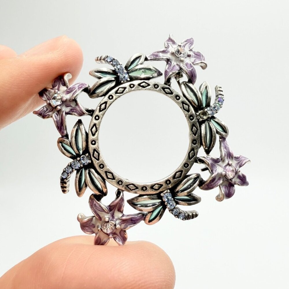 Vintage Dragonfly and Flower Wreath Brooch with Purple Enamel and Rhinestones